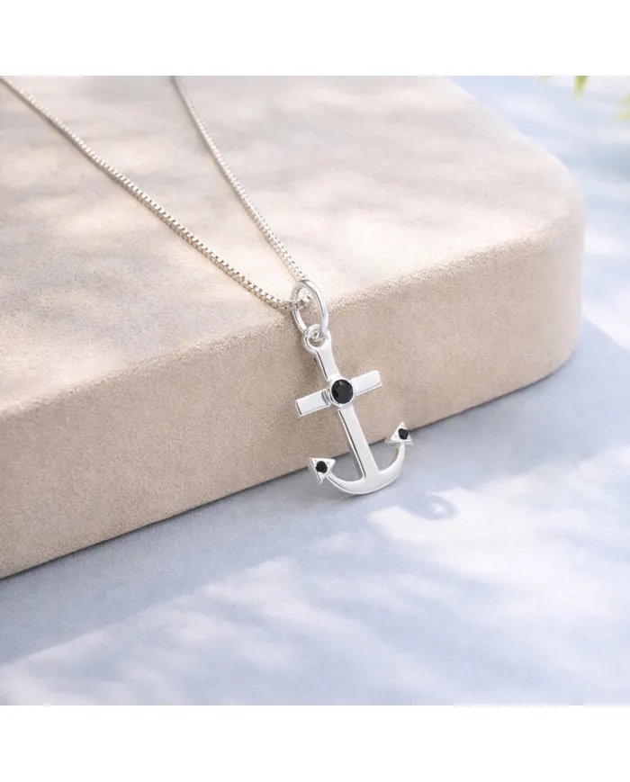 Modern Anchor Pendant with Black Onyx in 925 Silver Unisex Jewelry