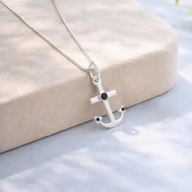 Modern Anchor Pendant with Black Onyx in 925 Silver Unisex Jewelry