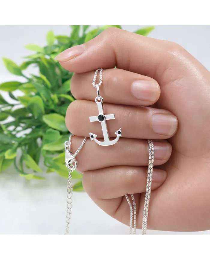 Modern Anchor Pendant with Black Onyx in 925 Silver Unisex Jewelry