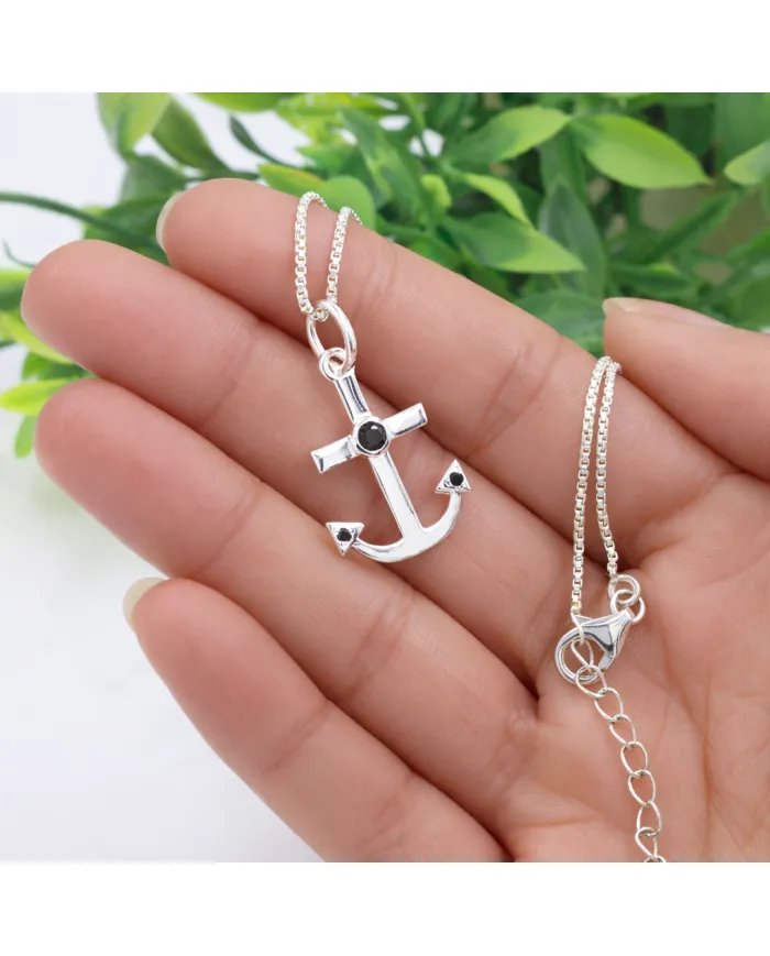 Modern Anchor Pendant with Black Onyx in 925 Silver Unisex Jewelry