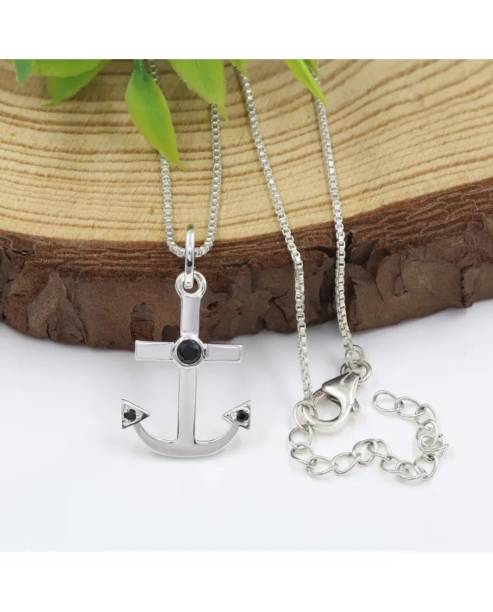 Modern Anchor Pendant with Black Onyx in 925 Silver Unisex Jewelry