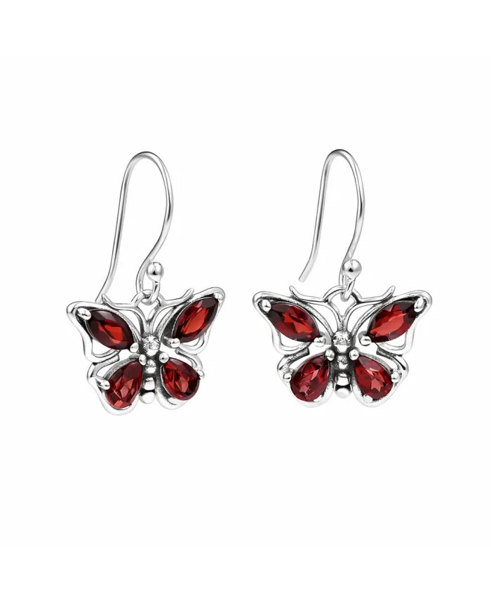 Garnet Butterfly Dangle Earrings - 925 Sterling Silver Handmade Jewelry
