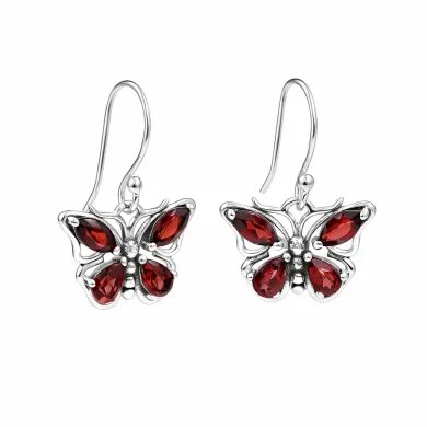 Garnet Butterfly Dangle Earrings - 925 Sterling Silver Handmade Jewelry