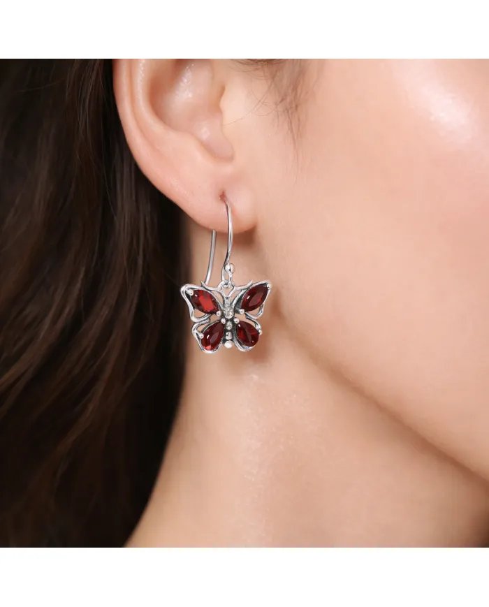 Garnet Butterfly Dangle Earrings - 925 Sterling Silver Handmade Jewelry