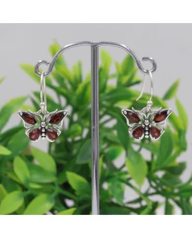 Garnet Butterfly Dangle Earrings - 925 Sterling Silver Handmade Jewelry