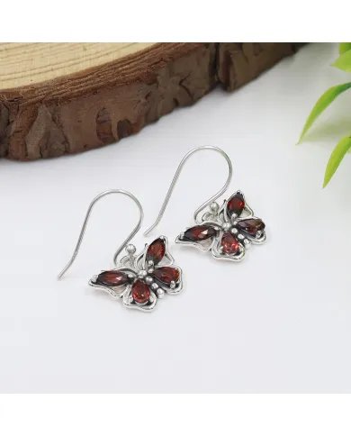 Garnet Butterfly Dangle Earrings - 925 Sterling Silver Handmade Jewelry