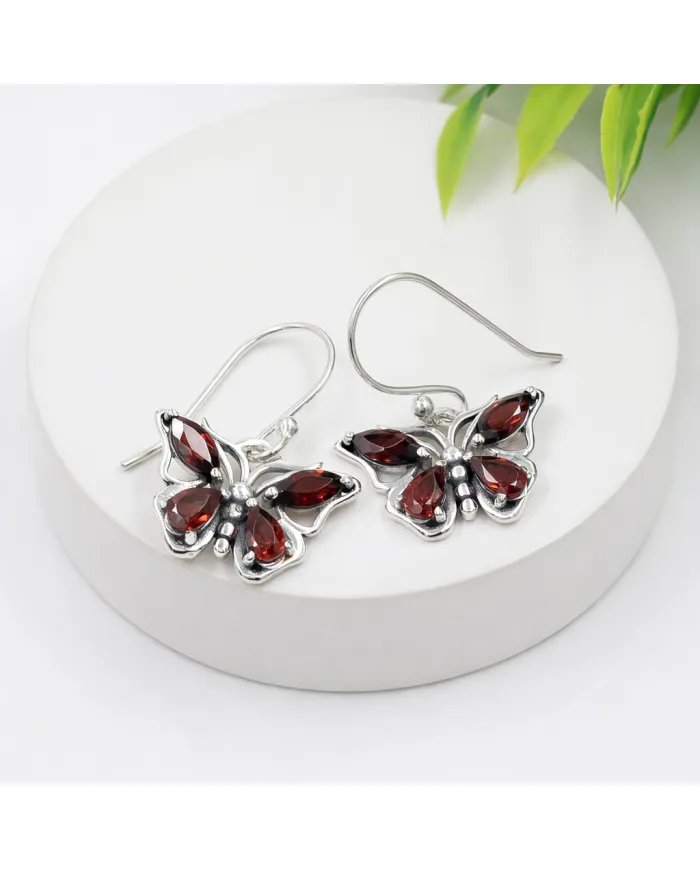 Garnet Butterfly Dangle Earrings - 925 Sterling Silver Handmade Jewelry