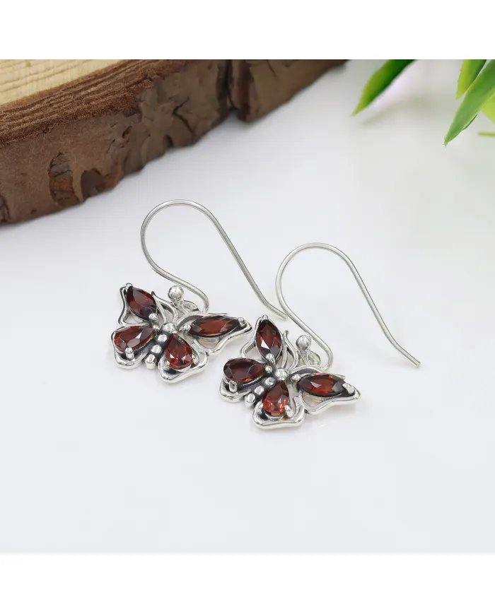Garnet Butterfly Dangle Earrings - 925 Sterling Silver Handmade Jewelry