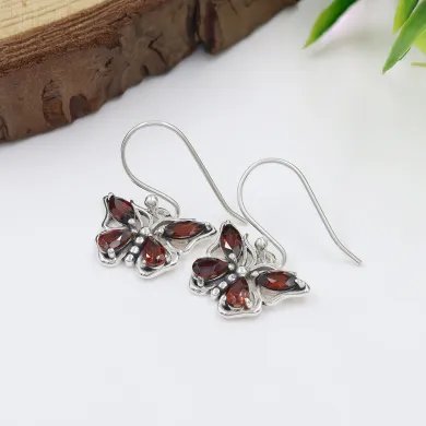 Garnet Butterfly Dangle Earrings - 925 Sterling Silver Handmade Jewelry
