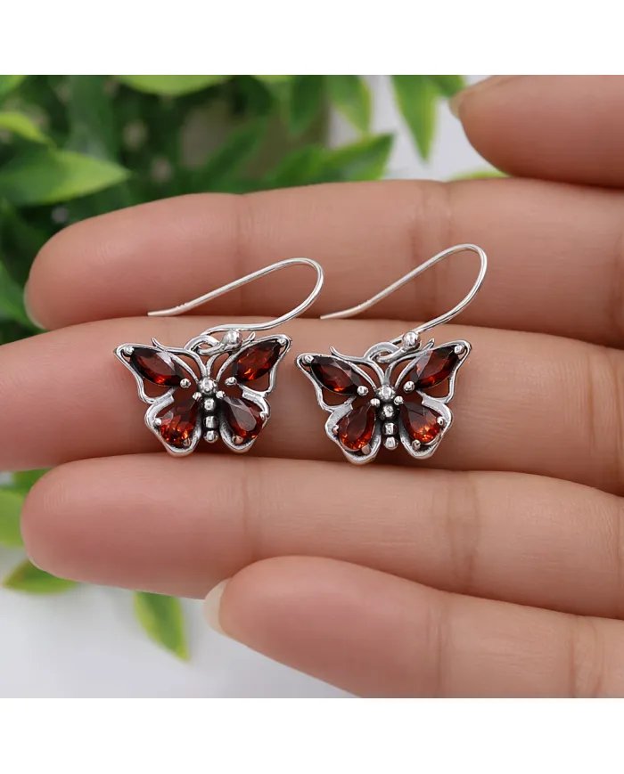 Garnet Butterfly Dangle Earrings - 925 Sterling Silver Handmade Jewelry