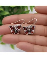 Garnet Butterfly Dangle Earrings - 925 Sterling Silver Handmade Jewelry
