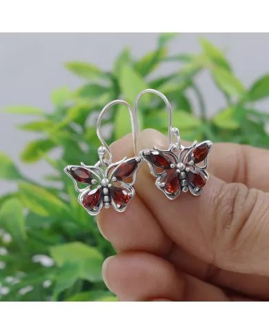 Garnet Butterfly Dangle Earrings - 925 Sterling Silver Handmade Jewelry