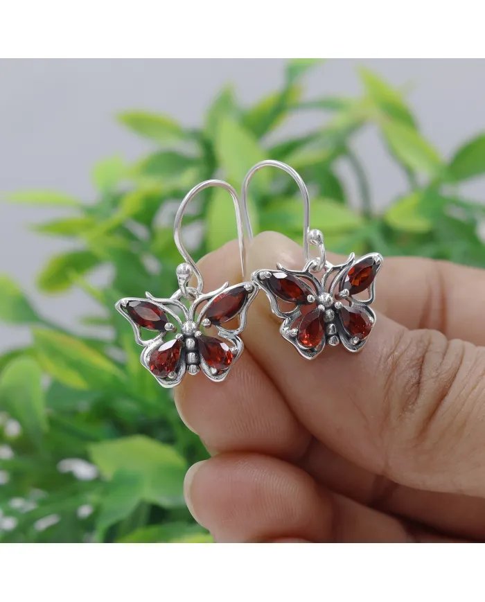 Garnet Butterfly Dangle Earrings - 925 Sterling Silver Handmade Jewelry