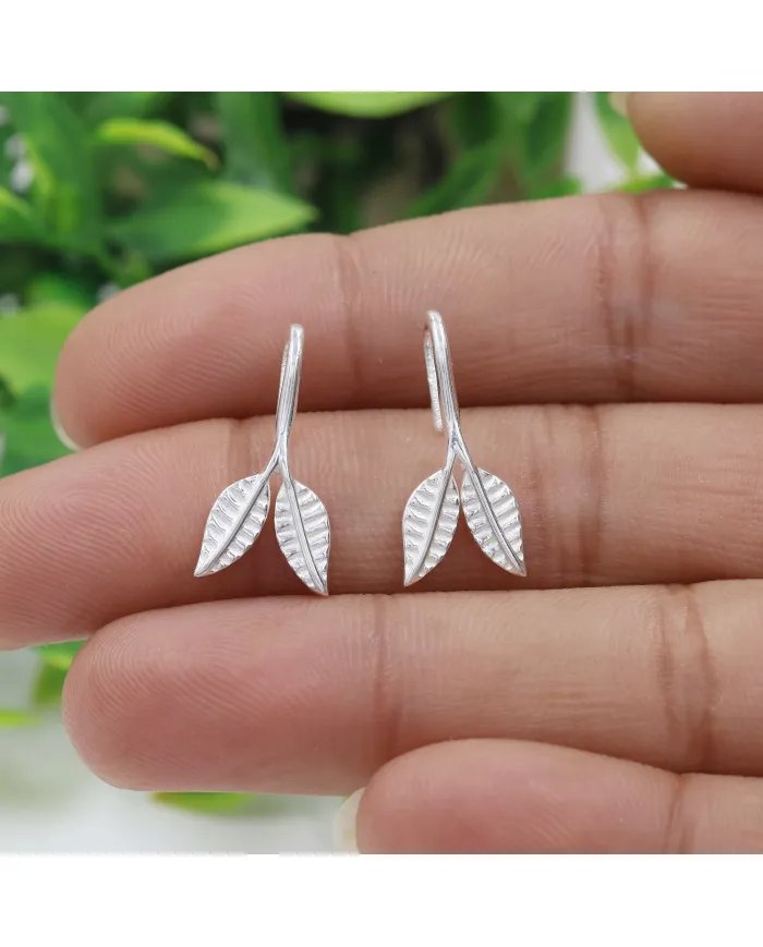 Leaf Dangle Earrings - 925 Sterling Silver Handmade Unique Jewelry