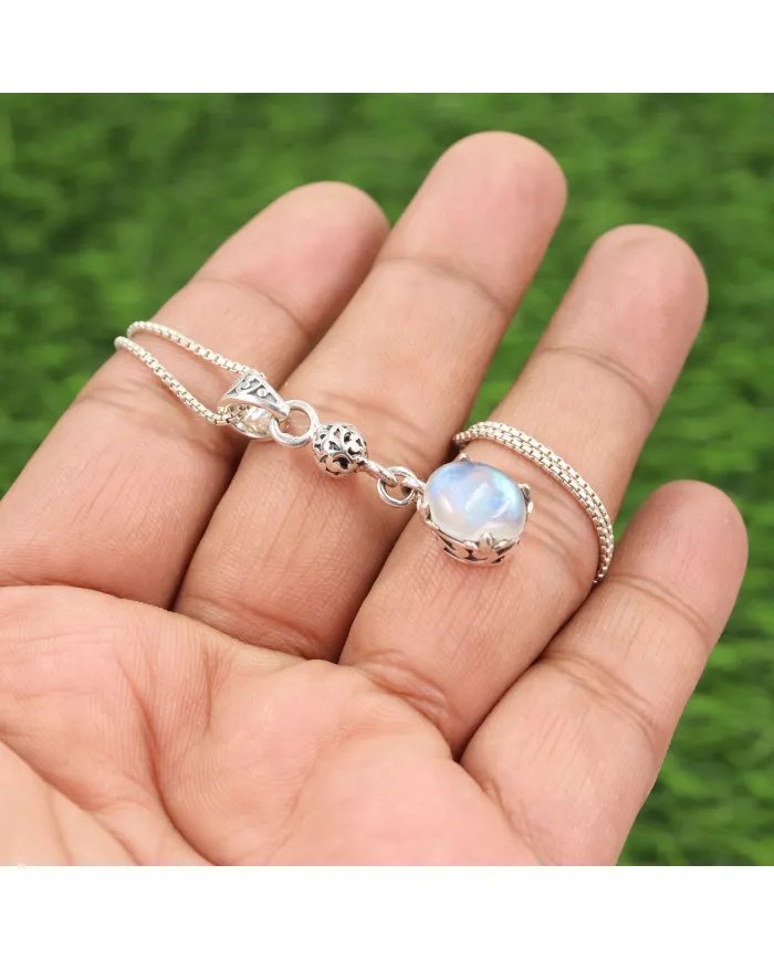 Rainbow Moonstone Pendant – Handmade 925 Sterling Silver Charm Jewelry