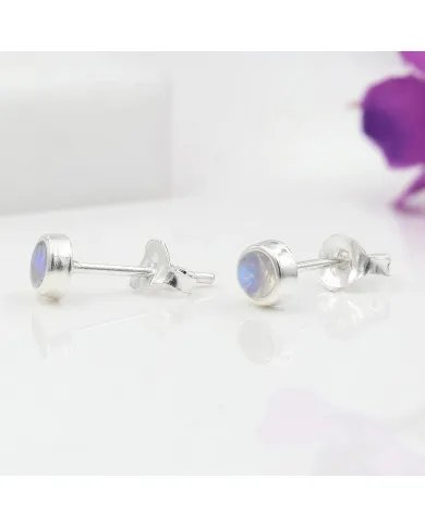 Rainbow Moonstone Stud Earrings - 925 Sterling Silver Handmade Jewelry