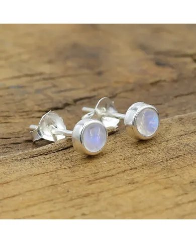 Rainbow Moonstone Stud Earrings - 925 Sterling Silver Handmade Jewelry