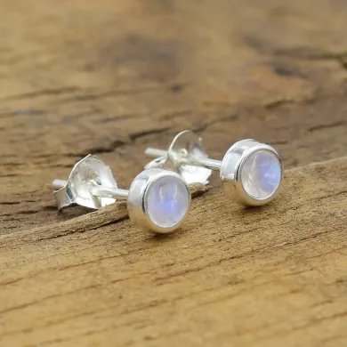 Rainbow Moonstone Stud Earrings - 925 Sterling Silver Handmade Jewelry