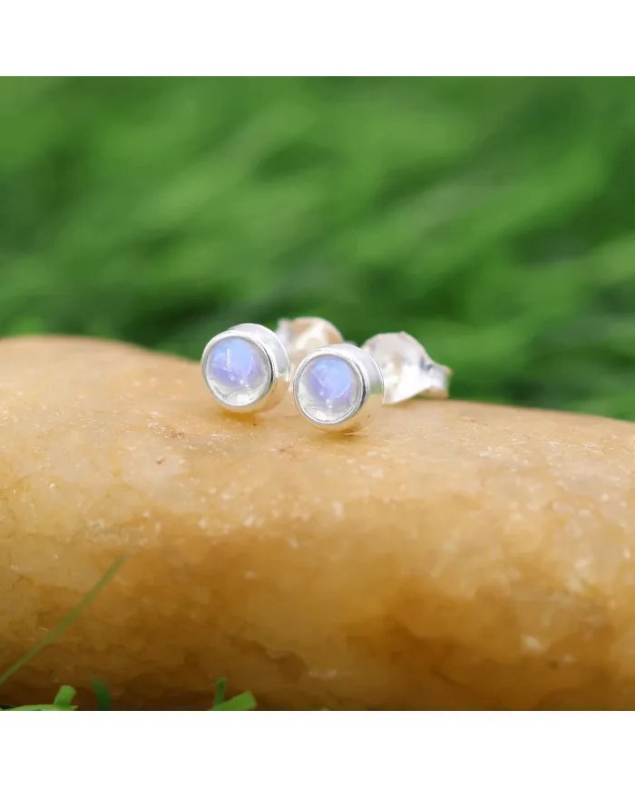 Rainbow Moonstone Stud Earrings - 925 Sterling Silver Handmade Jewelry