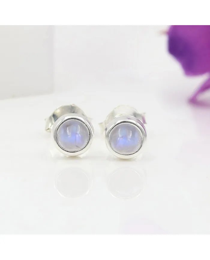 Rainbow Moonstone Stud Earrings - 925 Sterling Silver Handmade Jewelry