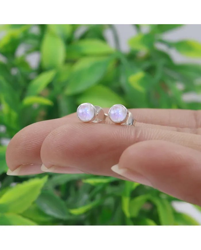 Rainbow Moonstone Stud Earrings - 925 Sterling Silver Handmade Jewelry
