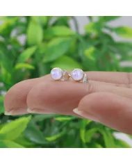 Rainbow Moonstone Stud Earrings - 925 Sterling Silver Handmade Jewelry
