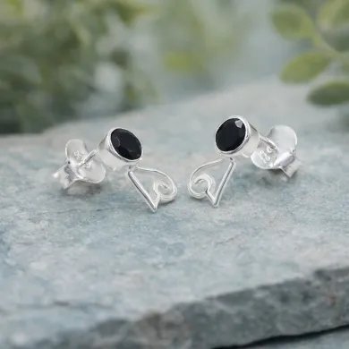 Black Onyx Studs - 925 Sterling Silver Handmade Modern Jewelry