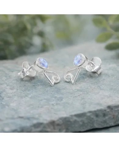 Rainbow Moonstone Studs - 925 Sterling Silver Handmade Modern Jewelry