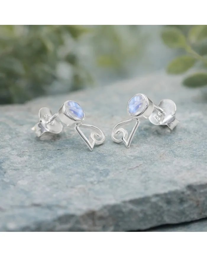 Rainbow Moonstone Studs - 925 Sterling Silver Handmade Modern Jewelry
