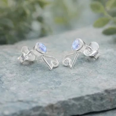 Rainbow Moonstone Studs - 925 Sterling Silver Handmade Modern Jewelry