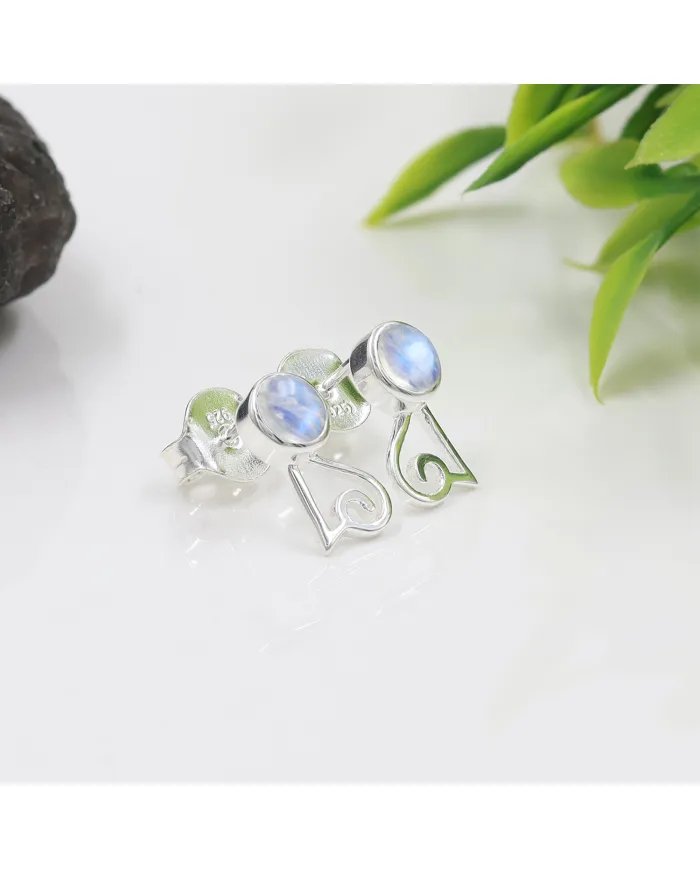 Rainbow Moonstone Studs - 925 Sterling Silver Handmade Modern Jewelry
