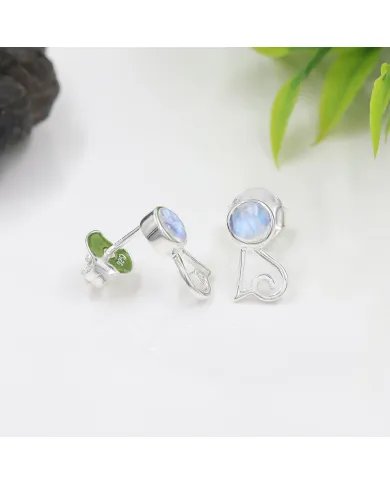 Rainbow Moonstone Studs - 925 Sterling Silver Handmade Modern Jewelry