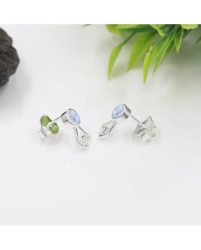 Rainbow Moonstone Studs - 925 Sterling Silver Handmade Modern Jewelry
