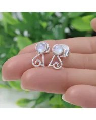Rainbow Moonstone Studs - 925 Sterling Silver Handmade Modern Jewelry