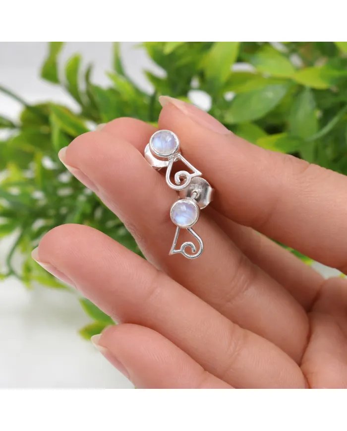 Rainbow Moonstone Studs - 925 Sterling Silver Handmade Modern Jewelry