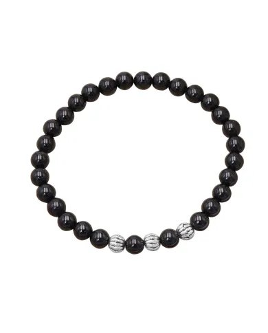 Beads Stretch Bracelet in Black Tourmaline - 925 Sterling Silver Ball