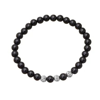 Beads Stretch Bracelet in Black Tourmaline - 925 Sterling Silver Ball