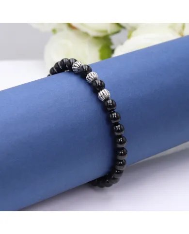 Beads Stretch Bracelet in Black Tourmaline - 925 Sterling Silver Ball