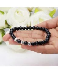 Beads Stretch Bracelet in Black Tourmaline - 925 Sterling Silver Ball