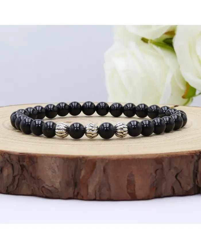 Beads Stretch Bracelet in Black Tourmaline - 925 Sterling Silver Ball