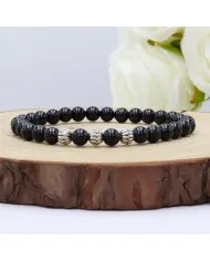 Beads Stretch Bracelet in Black Tourmaline - 925 Sterling Silver Ball