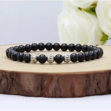 Beads Stretch Bracelet in Black Tourmaline - 925 Sterling Silver Ball