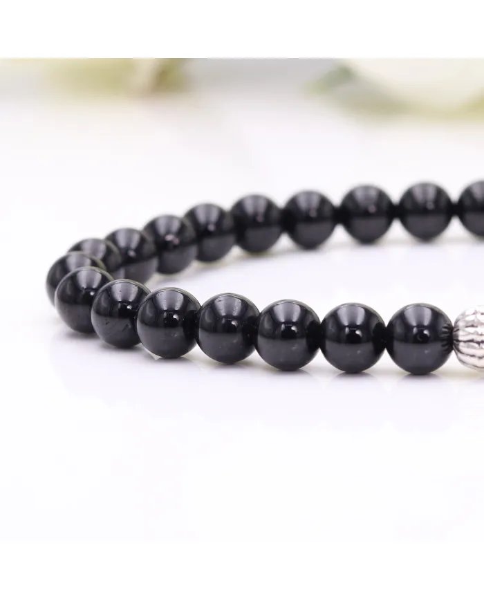 Beads Stretch Bracelet in Black Tourmaline - 925 Sterling Silver Ball