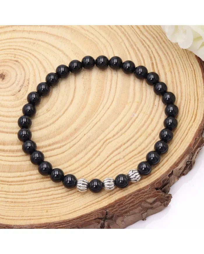 Beads Stretch Bracelet in Black Tourmaline - 925 Sterling Silver Ball