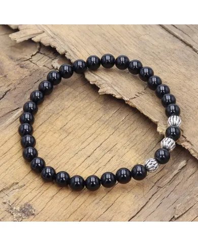 Beads Stretch Bracelet in Black Tourmaline - 925 Sterling Silver Ball