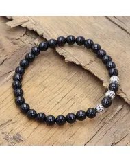 Beads Stretch Bracelet in Black Tourmaline - 925 Sterling Silver Ball