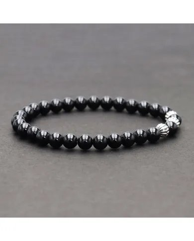 Beads Stretch Bracelet in Black Tourmaline - 925 Sterling Silver Ball