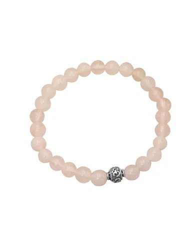 Beads Stretch Bracelet in Rose Quartz - 925 Silver Om Symbol Ball
