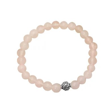 Beads Stretch Bracelet in Rose Quartz - 925 Silver Om Symbol Ball