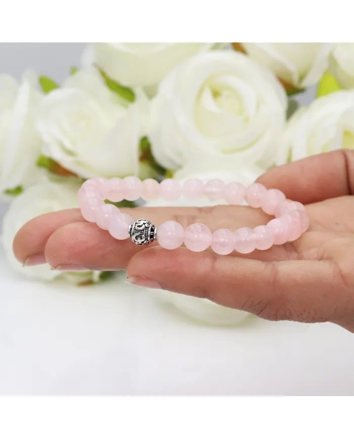 Beads Stretch Bracelet in Rose Quartz - 925 Silver Om Symbol Ball